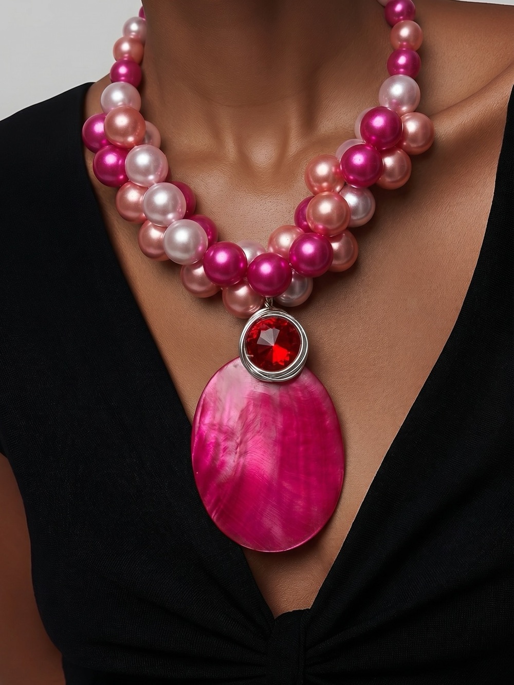 Bold Pink Multi-Bead Statement Necklace with Pink Pendant